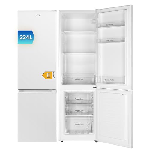 VOK Frigorífico Combi EVR-224DEW 224L, 170 cm Alto x 52.5 cm Ancho, Puerta Reversible, Bajo Nivel Sonoro 39 dB, Clase E, Cajón Verdulero, Blanco