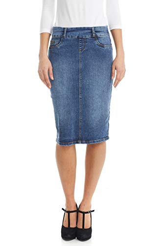 ESTEEZ Women's Straight Midi Cotton Classic Denim Skirt- Stretch Jean Below Knee Length Modest Boston EX802182 Class Blue 10