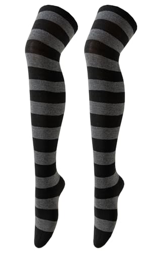 SATKELA Extra Long Stripe Thigh High Socks Neon Over Knee High Socks for Women Stocking Cosplay Femboy socks Striped Tights,1grey