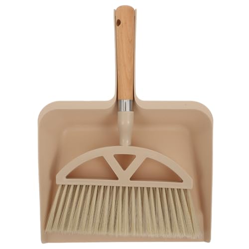 JECOMPRIS Escoba Pequeña para Limpieza de Escritorio Recogedor Mini de Plástico y Mango de Madera, Kit de Limpieza Doméstico Compacto para Oficina y Hogar, Color Caqui, Accesorio Multiusos