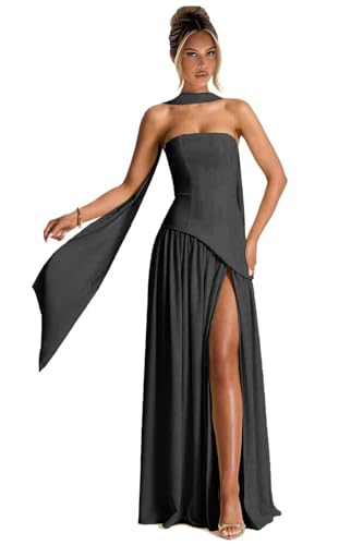 Women's Strapless Chiffon Bridesmaid Dresses with Scarf Long Asymmetrical Pleated Prom Formal Evening Gowns