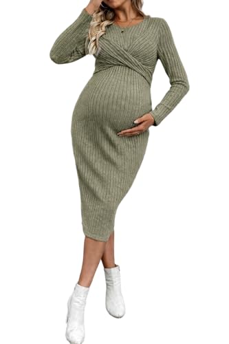 ORANDESIGNE Umstandsmode Damen Kleid Langarm Schwangerschaft Wickelkleid Umstandskleid Rundhals Schwangerschaftskleid A Grün L