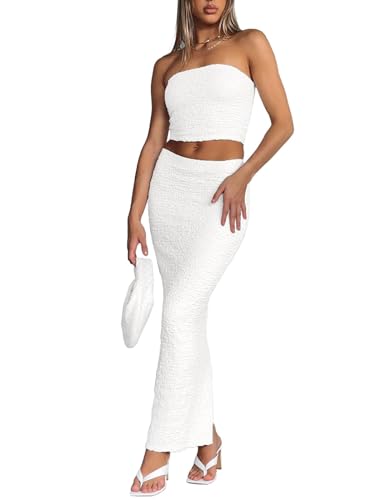 Image of Two Piece Dress Outfits for Women Sleeveless Tube Tops Bodycon Maxi Dress Summer Strapless Crop Top Sexy Suits Set