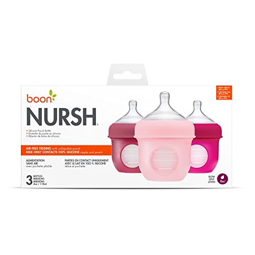 Boon, NURSH Reusable Silicone Pouch Bottle, Air-Free Feeding, 4 Ounce with Stage 1 Slow Flow Nipple (Pack of 3)