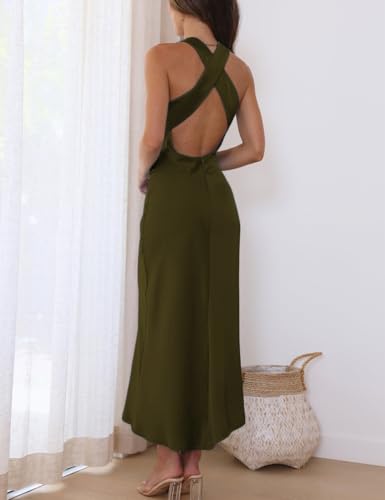 Image of Halfisland Womens Satin High Neck Backless Sleeveless Cocktail Midi Dress