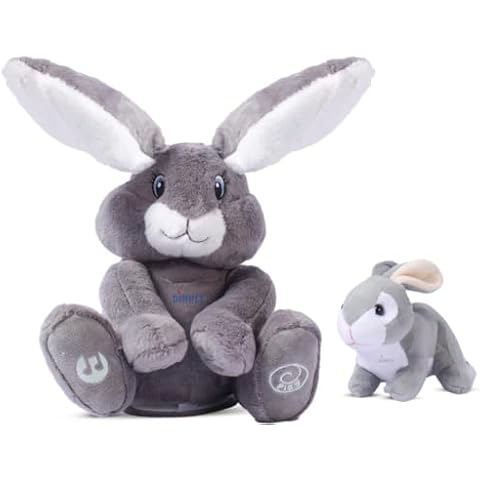 Dimple Bunny Set - Milo Stuffed Bunny Toy, Animated Interactive Bunny with Peek-a-Boo Feature with Singing Songs and Grey Plush Baby Bunny, Perfect Baby Plush Toy Gift for Ages 0 an Up Cover