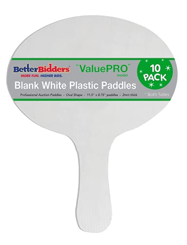 Better Bidders Plastic Paddles, Blank, 3.5mm Thick (Very Rigid), White (10 Pack, Oval), Q=10 1-Piece Hand Fans, (