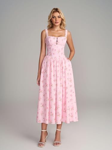 Image of KUTUMAI Women Summer Corset Midi Floral Wedding Guest Dresses with Pockets | Lace Neck, Smocked Back, Flowy A Line Sundress for 2026 Engagement Photoshoot Bridal Shower Garden Party
