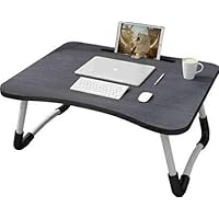 MemeHo® Smart Standard Multi-Purpose Laptop Table with Cup Holder | Mini Drawer| Foldable and Portable | Ergonomic & Rounded Edges | Non-Slip Legs | Engineered Wood (Black)