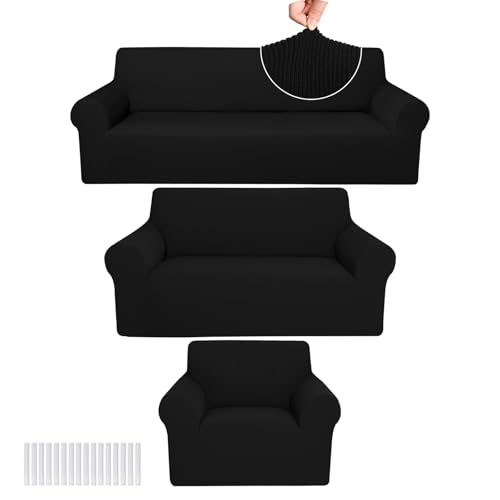 Peryiter 3 Pcs Slipcover Set for Couch Furniture Covers for Sofa Loveseat Couch Arm Chair, Form Fit Stretch, Wrinkle Free, Furniture Protector(Black,Polyester Spandex Blend)