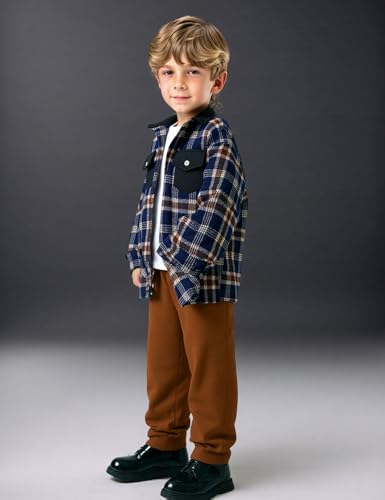 Image of Toddler Boy Clothes Plaid Hooded Shirt White T-shirt Top and Solid Color Pants 3Pcs Winter Boys Clothes