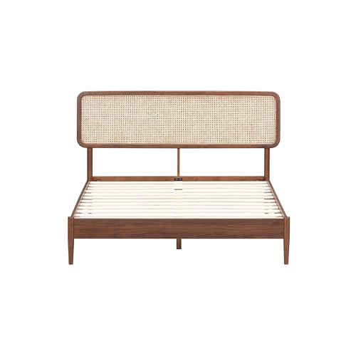 Image of NTC Lupin Wooden Bed Frame with Headboard and Natural Rattan, Solid Oak /Rubber Wood Foundation with Silent Slats, 1000 Lb Capacity, Effortless Assembly (Natural Cane - Dark Walnut, Queen)