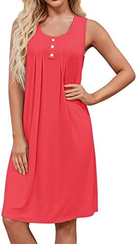 HOCOSIT Women's Nightgowns Sleeveless Sleep Dress Pleated Comfy Sleepwear Scoopneck Nightwear Loungewear Watermelon Red Large