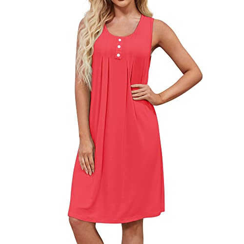 Hocosit Women's Nightgowns Sleeveless Sleep Dress Pleated Comfy Sleepwear Scoopneck Nightwear Loungewear Watermelon Red Large #TOP2
