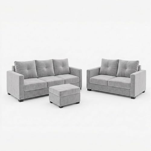 Image of FURNY Amonster 3 Seater + 2 Seater Fabric Sofa Set with 1 Ottoman (Light Gray) with Velvet Finish | Durable Comfort | Ideal for Living Room
