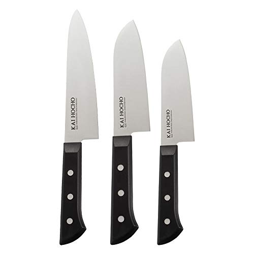 Kai Gift Box Premium Chef Hocho Knife 18.7 cm – Blade, Santoku Big Knife 17.2 cm – Blade and Santoku Small Knife 14.2 cm – Blade, Black Stainless Steel Knife Set (Pack of 3)