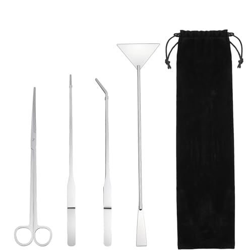 Dimensioni ideali per l'acquariofilia: questo kit include forbici curve da 25 cm, spatola da 32 cm e due pinze da 27 cm ciascuna, perfette per l'acquascaping, la pulizia e la manutenzione generale di acquari di diverse dimensioni.