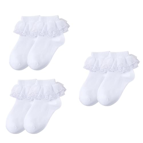 Toddler Socks, 3 Pairs Girls Lace Trim Socks Soft Cotton Breathable Design Ankle Sock for Everyday Wear3