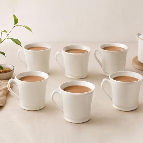 Image of Femora White Ceramic Tea Coffee Mug Set, 180 ml Each, Modern Tapered Shape, Set of 6 Microwave & Dishwasher Safe BPA Free