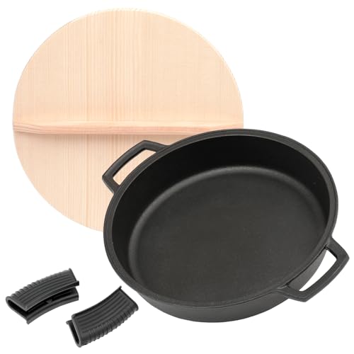 南部鉄器 浅型両手鍋 すき焼き鍋 内径25cm 木蓋 おまけ シリコンつまみ付き 黒焼付 IH対応 20022 鉄鍋 パエリア 鉄分摂取 鋳物 日本製 ほほえみ ブラック 黒 ガス火対応