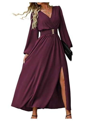 Spring Long Sleeve Formal Dresses 2026 Gowns Evening Party Cocktail Dress Elegant Split Wrap Ruffle Wedding Guest Dresses Maroon Large