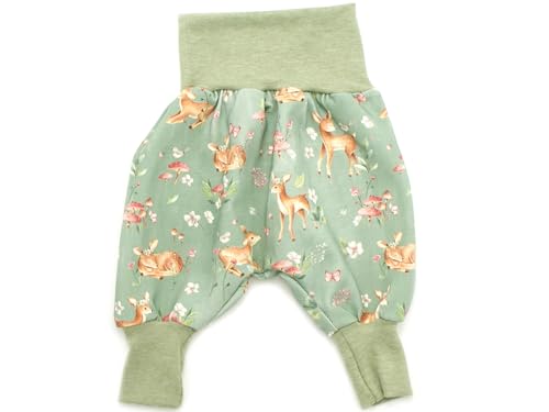 Kleine Könige Pumphose Baby Mädchen Hose · Modell Blumen REH Sweet Deer, Oliv meliert · Ökotex 100 Zertifiziert · Größe 62/68