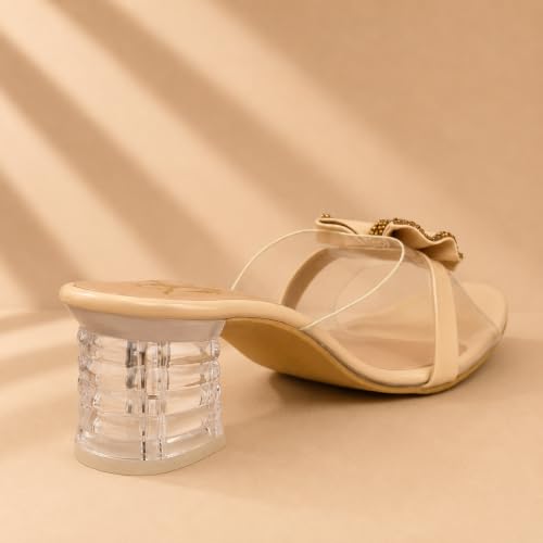Image of Women's Transparent Block Heel Sandals with Rhinestone Bow, Clear Strap Slip-On Party Heels for Women