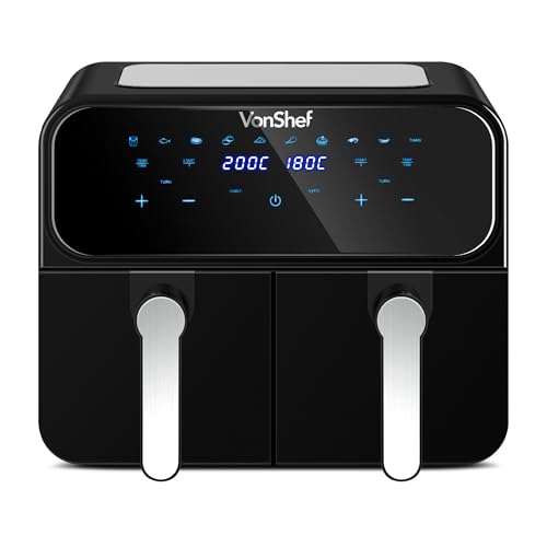 VonShef Dual Air Fryer 9L - Family Size Double Airfryer, XL Capacity, 10-in-1, 2 Drawers & Silicone Liners, LED Display, Sync Cook & Smart Finish, 60-Min Timer, Dishwasher-Safe, Healthy Cooking, 2600W