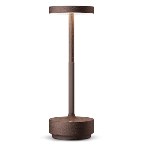HYMZP Lámpara de Mesa LED Recargable, 3 Colores de Luz con Regulación Continua, IP54 Impermeable, Batería 5000mAh, Diseño Metálico Moderno, con Función de Memoria para Interior y Exterior (Corten)