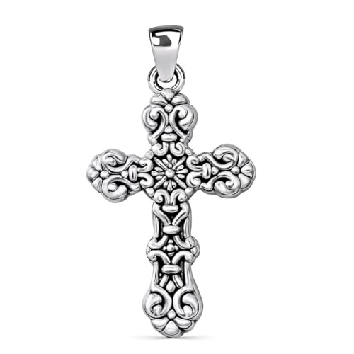 SHOP LC 925 Sterling Silver Cross Pendant Oxidized Swirling - Silver Cross Necklaces for Women Religious Jewelry Catholic Faith Christian Birthday Mothers Day Gifts