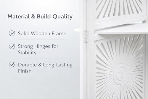 Image of Wooden Room Divider 6 Feet, 4-Panel Folding Wooden Partition for Living Room, Office, Pooja Room, Restaurant, Kitchen & Balcony (2W x 1.82H Meters). (White Shelves)