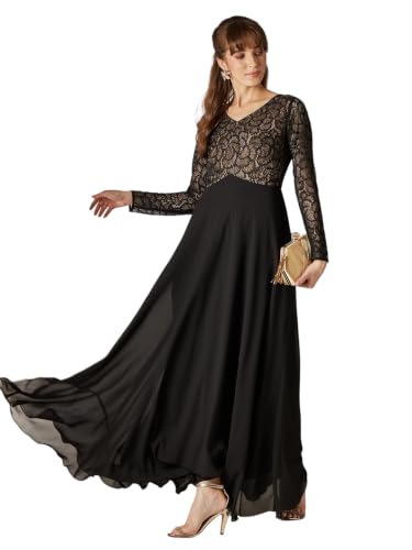 Image of Miss Chase Women's V-Neck Full Sleeve Self Design Lace-Overlaid Georgette Maxi Dress