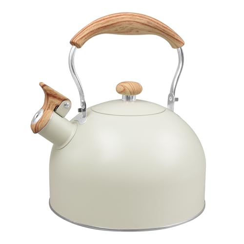 Whistling Kettle for Stove Top 2.5L Stainless Steel Teapot with Wood Pattern Folding Handle Stovetop Camping Kettle for Boiling Water Coffee Tea (Milk White)