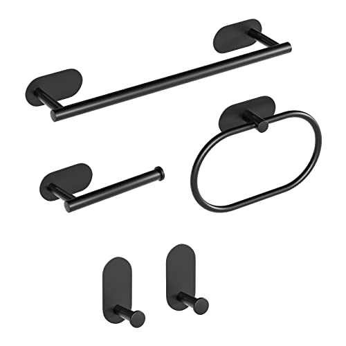 Eucomir Juego De Toallero De Baño, 5 Piezas Accesorios con Soporte De Acero Inoxidable, para Toallas y Papel Higiénico, Anillo De Carbas, Gancho, Negro