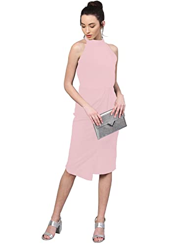Image of Shasmi Women's Comfortable Red Halter Neck Sleeveless Solid Midi Bodycon Casual Western Stylish Dress