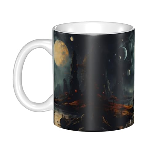 WHJDPP Bedruckte Keramiktasse mit Mond und Sternen und Planeten für Cappuccino, Latte, Müsli, Joghurt, Milch, heiße oder kalte Getränke, Mikrowellenofen