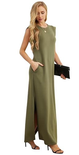 Image of GRECERELLE 2026 Women Year-Round Casual Round Neck Loose Split Wrinkle-Free Long Maxi Vacation Dress with Pockets (XXS-4XL)