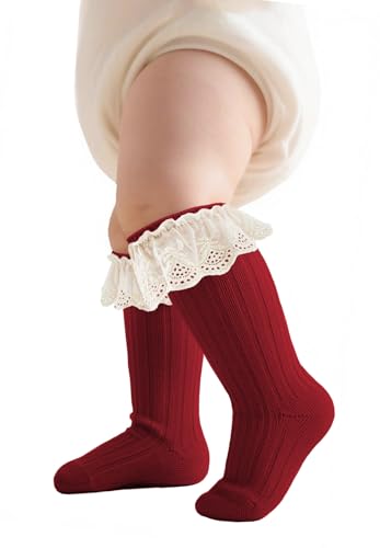 Image of Zando Baby Girl Socks 6-12 Months Baby Knee High Ruffle Socks for Girls Preemie Infant Newborn Toddler Thigh High Stockings Girls Stockings for Halloween Christmas Red