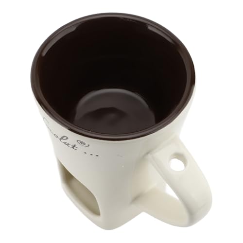 Dioche Ceramic Chocolate Fondue Mug with Fork Tealight Candle Warmer Pot for Melting Chocolate, Cheese and Dessert Dipping Set for Parties, Gifts and Family Treats (White)