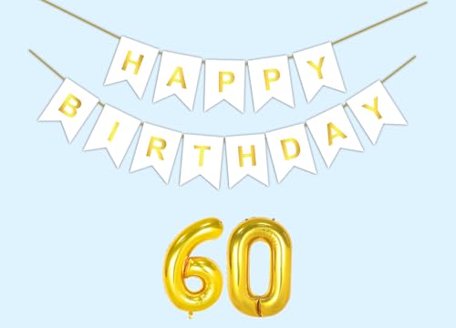 Image of 60th Happy Birthday Decoration Kit White for 60 year Old Men Women with Number Sixty Party Decorations Decor Celebration Items Item Set Combo Reusable Paper Banner