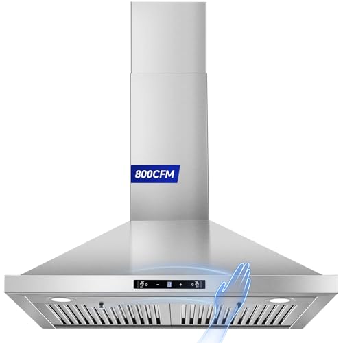 Image of Wall Mount Range Hood 30 inch, 800 CFM Kitchen Hood Stainless Steel Stove Vent Hood with Gesture Sensing & Touch Control, Ducted /Ductless Convertible Duct, 3-Speed Fan, LED Lights, Baffle Filters