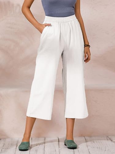 Image of ECUPPER Womens Cotton Cropped Pants Loose Fit Wide Leg Trousers | Casual, Plus Size, Elastic Waist, Capri, 100% Cotton, Slant Pockets, High Rise Waist, Lounge Pants