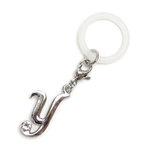 アンブレラマーカー おしゃれ アルファベット シルバーカラー 筆記体 1粒ラインストーン 傘アクセサリー 傘マーカー シリコンリング ジッパーチャーム ペットボトルマーカー (Y)