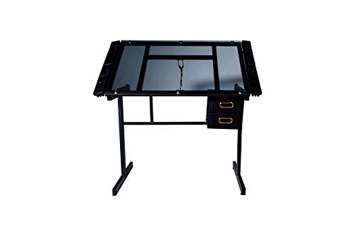 Image of OneSpace Craft Station, Art Desk, Adjustable Glass Desk with Drawers and Supply Trays, Black