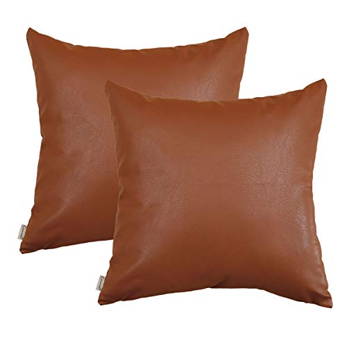 CARRIE HOME Faux Leather Brown Pillow Covers 20x20 Modern Decorative Throw Pillow Covers Scandinavian Home Decor for Sofa Couch and Bed, Set of 2