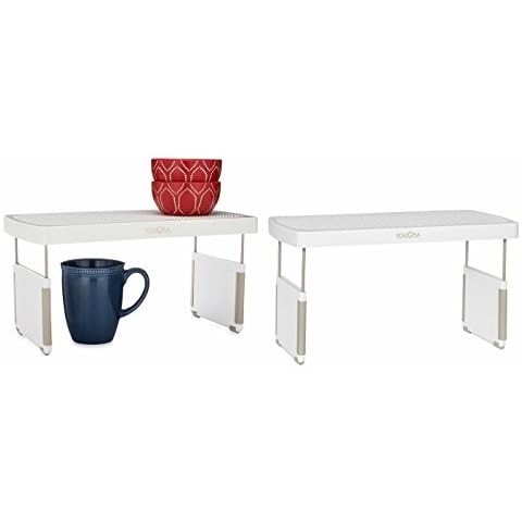 YouCopia TWO PACK StoreMore Height Adjustable Kitchen Cabinet Shelf Riser Organizer Display Stands - 13-Inches Long - White Cover