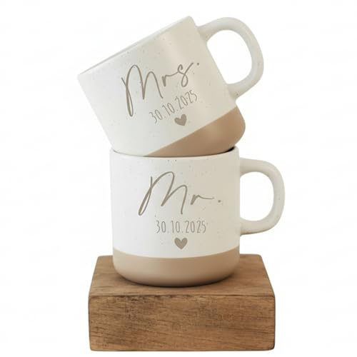 Generisch Mr. & Mrs. Keramiktassen Set mit Lasergravur Personalisiert mit Datum und Herz Weiß-Beige 360 ml Spülmaschinenfest Hochzeitsgeschenk