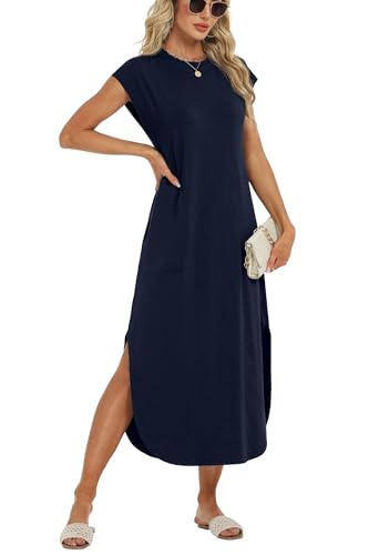 Image of HiMONE Beach Vacation Dresses for Women 2025 Sundress Cap Sleeves Casual Maxi Beach Dress with Pockets XS-2XL