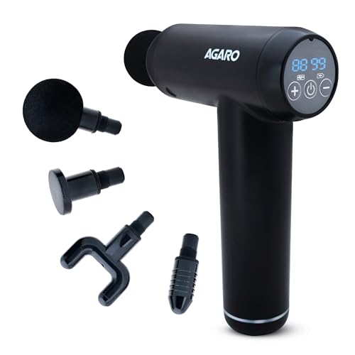 Image of AGARO Imperial Gun Massager | 99-Level Deep Tissue Handheld Massager | 4 Interchangeable Heads, Rechargeable, Relaxation of Neck, Shoulder, Back, Foot for Men & Women, Full Body Relief, Black