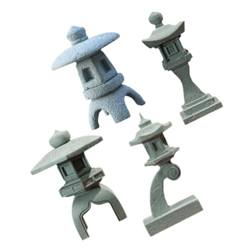 Cabilock Japanese Stone Lantern Statue 4pcs Set – Mini Hexagonal, Snow-view, Tall Square, Ancient Tall Lanterns – Zen Garden Bonsai Ornament for Indoor Table, Terrarium Aquarium
